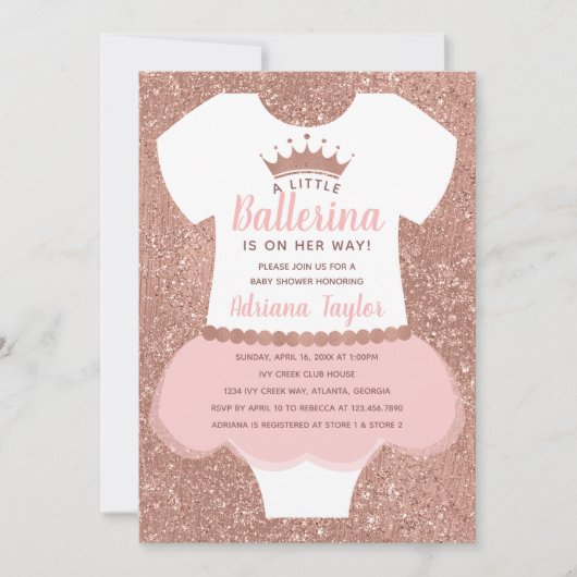Ballerina Baby shower Uitnodiging, Roos Gold Kaart (Voorkant)