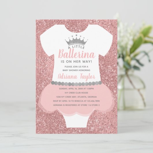 Ballerina Baby shower Uitnodiging, Roze Kaart (Staand voorkant)