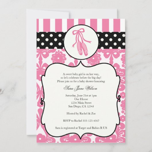 Ballerina Ballet Baby Shower Invitaties - Roze Kaart (Voorkant)