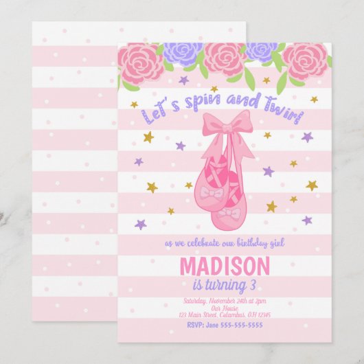 Ballerina Birthday Invitation / Ballet Shoes Kaart (Voorkant / Achterkant)