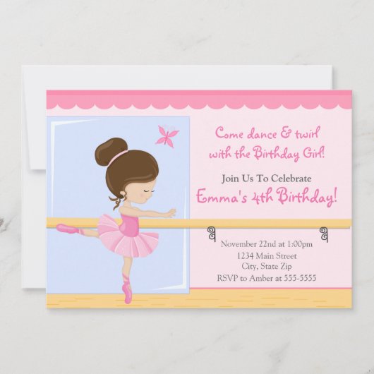 Ballerina Birthday Invitation Brunette 5x7 Card Kaart (Voorkant)