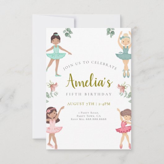 Ballerina Birthday Invitation Pink and Gold Kaart (Voorkant)