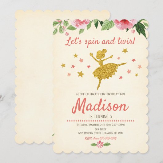 Ballerina Birthday Invitation /  / Retro Kaart (Voorkant / Achterkant)