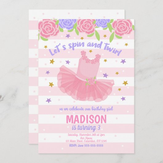 Ballerina Birthday Invitation / Tutu Invitation Kaart (Voorkant / Achterkant)