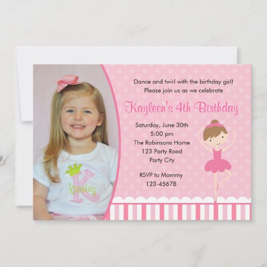 Ballerina Birthday Invitations with Photo (Pink) Kaart (Voorkant)