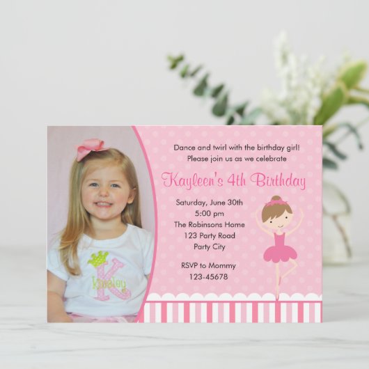 Ballerina Birthday Invitations with Photo (Pink) Kaart (Staand voorkant)