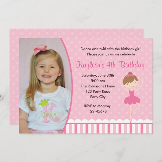 Ballerina Birthday Invitations with Photo (Pink) Kaart (Voorkant / Achterkant)