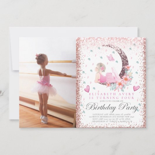 Ballerina Birthday Moon Pastel Roze Glitter Foto Kaart (Voorkant)