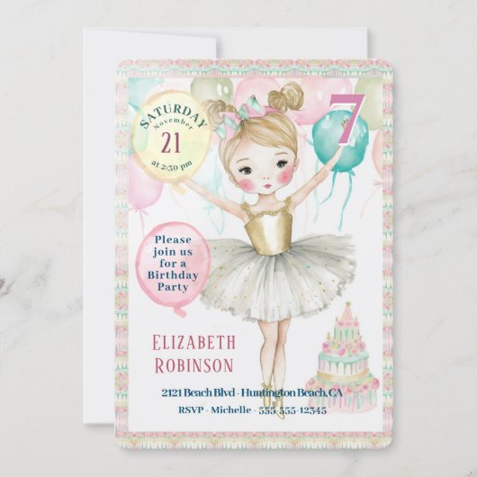 Ballerina Birthday Party Invitation Kaart (Voorkant)