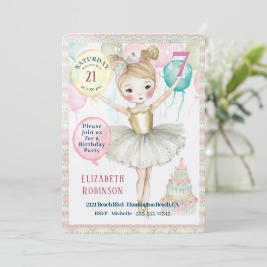 Ballerina Birthday Party Invitation Kaart (Staand voorkant)