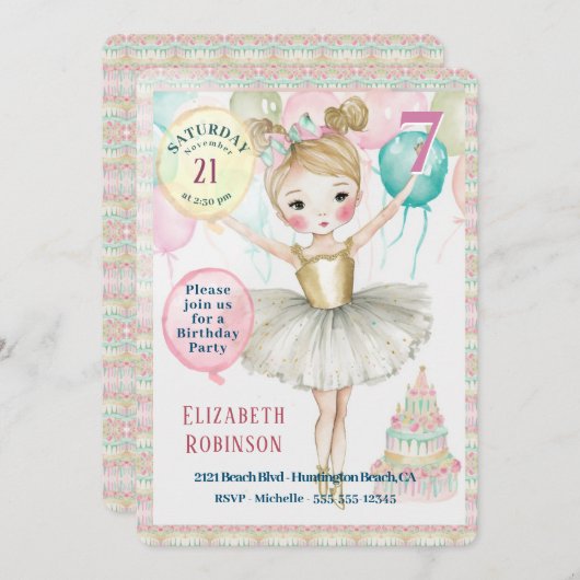 Ballerina Birthday Party Invitation Kaart (Voorkant / Achterkant)