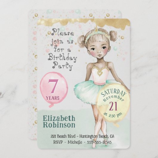 Ballerina Birthday Party Invitation Kaart (Voorkant / Achterkant)