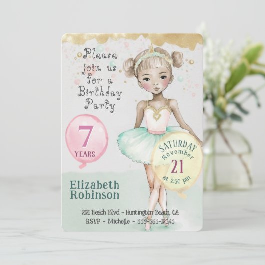 Ballerina Birthday Party Invitation Kaart (Staand voorkant)