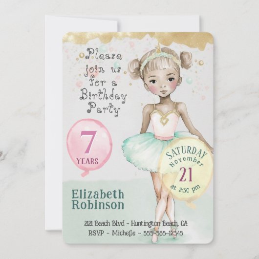 Ballerina Birthday Party Invitation Kaart (Voorkant)