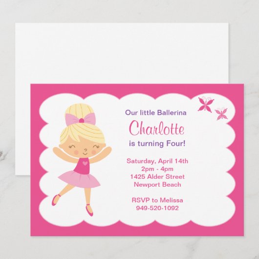 Ballerina Birthday Party Invitation Kaart (Voorkant / Achterkant)
