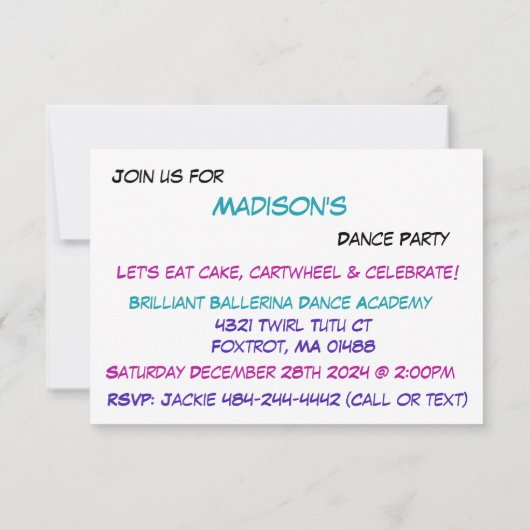 Ballerina Birthday Party Invitation Kaart (Achterkant)