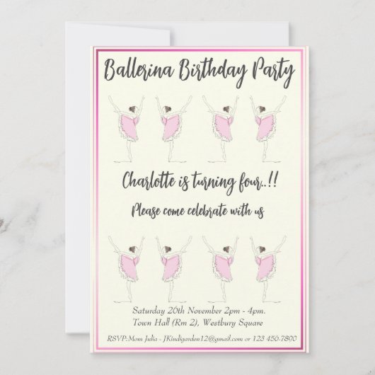 Ballerina Birthday Party Kaart (Voorkant)