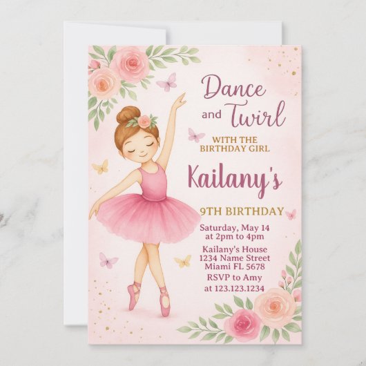 Ballerina Birthday Uitnodiging (Voorkant)