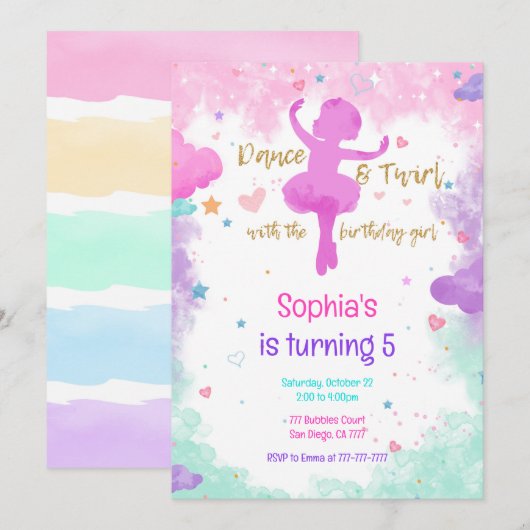Ballerina Birthday Uitnodiging (Voorkant / Achterkant)