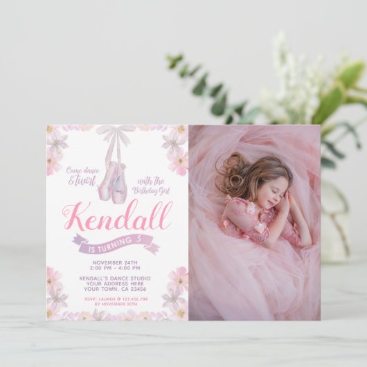 Ballerina Birthday Uitnodiging met foto (Staand voorkant)