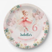 Ballerina Blond Roze Blauwgroen Bloemen Verjaardag Papieren Bordje (Voorkant)