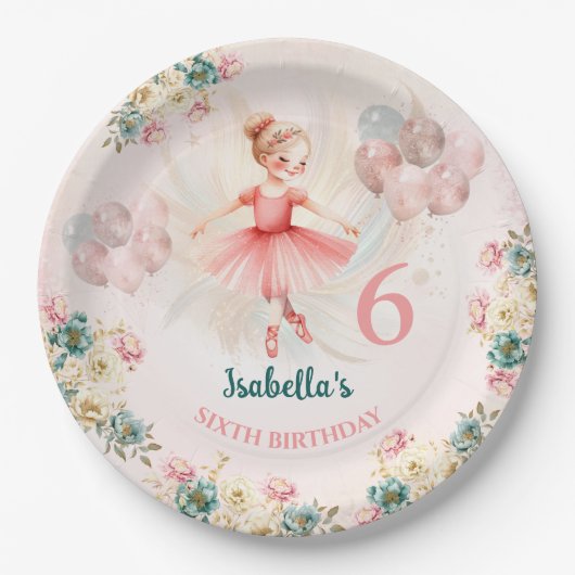 Ballerina Blond Roze Blauwgroen Bloemen Verjaardag Papieren Bordje (Voorkant)