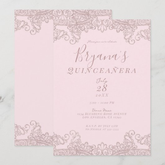 Ballerina Blush Pink Glitter Lace Quinceañera Kaart (Voorkant / Achterkant)