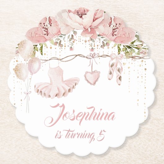 Ballerina blush roze tutu verjaardagsfeestballet kartonnen onderzetters (Voorkant)