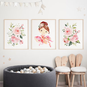 Ballerina, Bruin Haar, Roze Bloemen, Meisje Kweker Muurkunst Sets