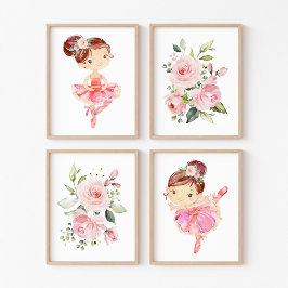 Ballerina, Bruin Haar, Roze Bloemen, Meisje Kweker Muurkunst Sets