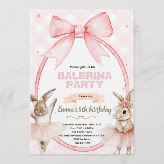 Ballerina Bunny Birthday Invitation Kaart (Voorkant)