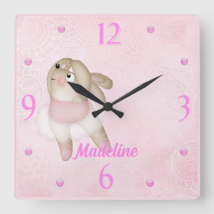 Ballerina Bunny Nursery Wall Clock Vierkante Klok