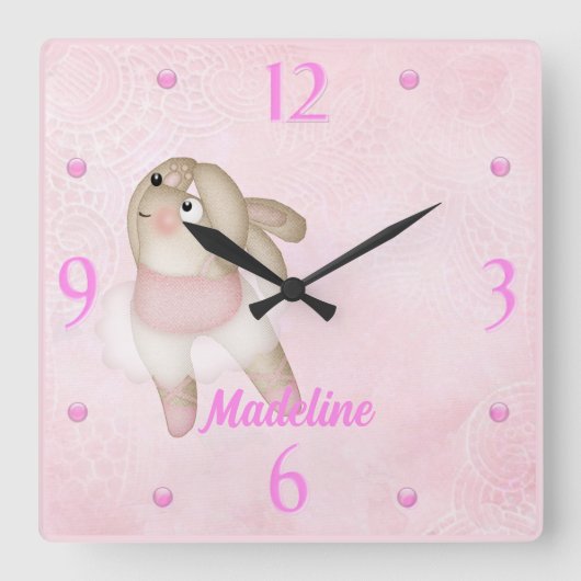 Ballerina Bunny Nursery Wall Clock Vierkante Klok (Voorkant)