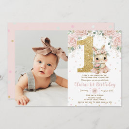 Ballerina Bunny Rabbit Blush 1st Birthday Photo Kaart