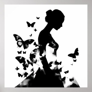 Ballerina & Butterflies Silhouette Zwart & Wit Poster