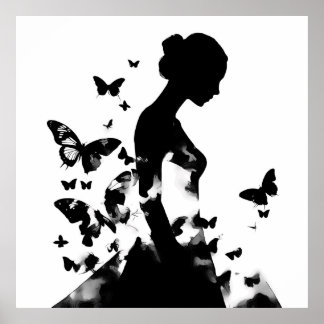 Ballerina & Butterflies Silhouette Zwart & Wit Poster