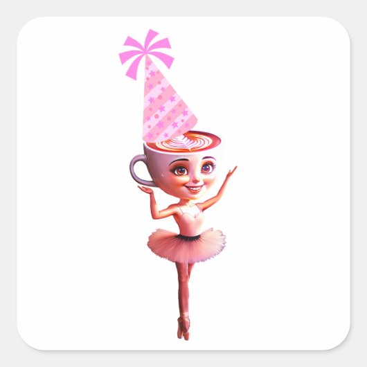 Ballerina Cappuccina in het verjaardagsfeest Pet Vierkante Sticker (Voorkant)