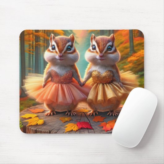 Ballerina Chipmunks op een Herfst boomstronk Muismat (Met muis)
