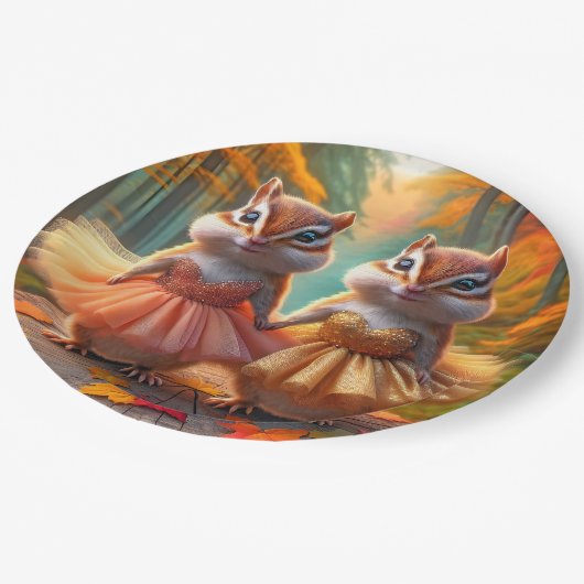Ballerina Chipmunks op een Herfst boomstronk Papieren Bordje (Gekanteld)