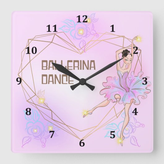 Ballerina Clock for Young Girls Room Vierkante Klok (Voorkant)