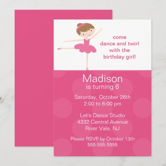 Ballerina Dance Birthday Invitation Kaart (Voorkant / Achterkant)
