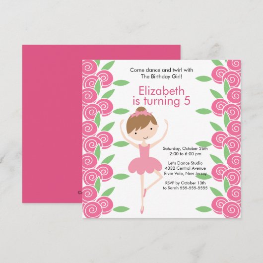 Ballerina Dance Birthday Invitation Kaart (Voorkant / Achterkant)
