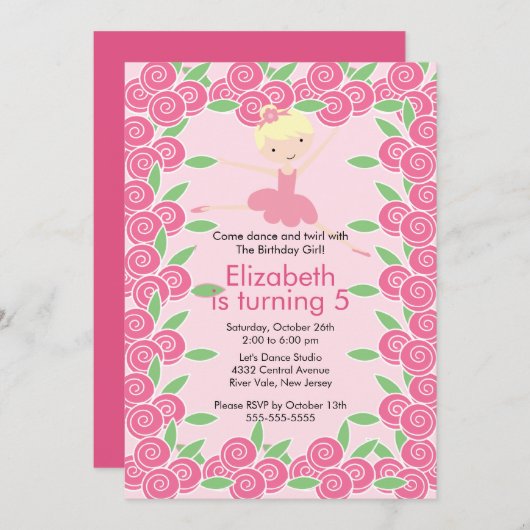 Ballerina Dance Birthday Invitation Kaart (Voorkant / Achterkant)