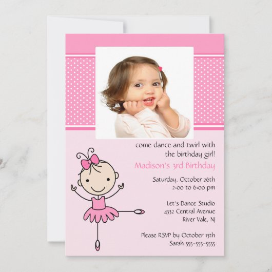 Ballerina Dance Photo Birthday Invitation Kaart (Voorkant)