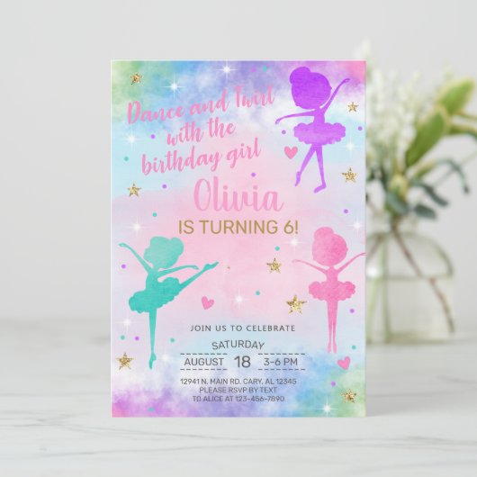 Ballerina Dance Twirl meisje verjaardag uitnodigin Kaart (Staand voorkant)