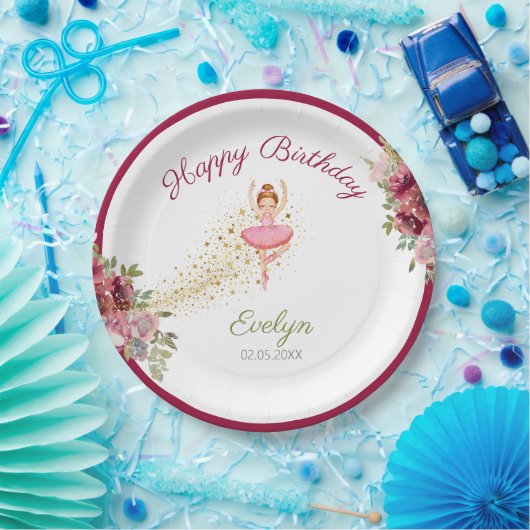 Ballerina Dancer | Roze Bloemen Ballet Verjaardag Papieren Bordje (Feest)