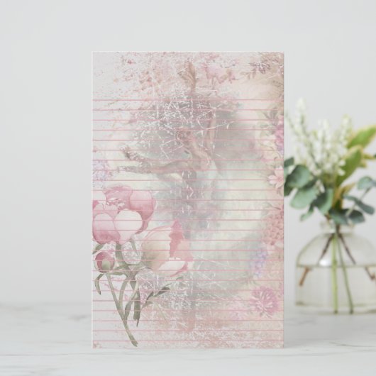 Ballerina Dancing Pose Floral Pink Lined Briefpapier (Staand voorkant)