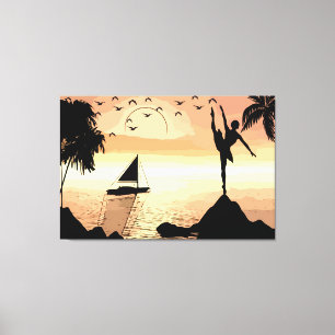 Ballerina Dancing Sunset Abstracte silhouette Art Canvas Afdruk