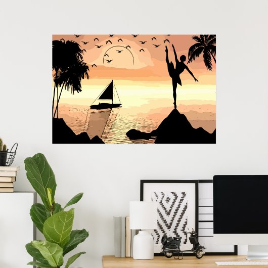 Ballerina Dancing Sunset Abstracte silhouette Art Poster (Thuiskantoor)