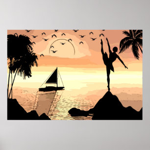 Ballerina Dancing Sunset Abstracte silhouette Art Poster